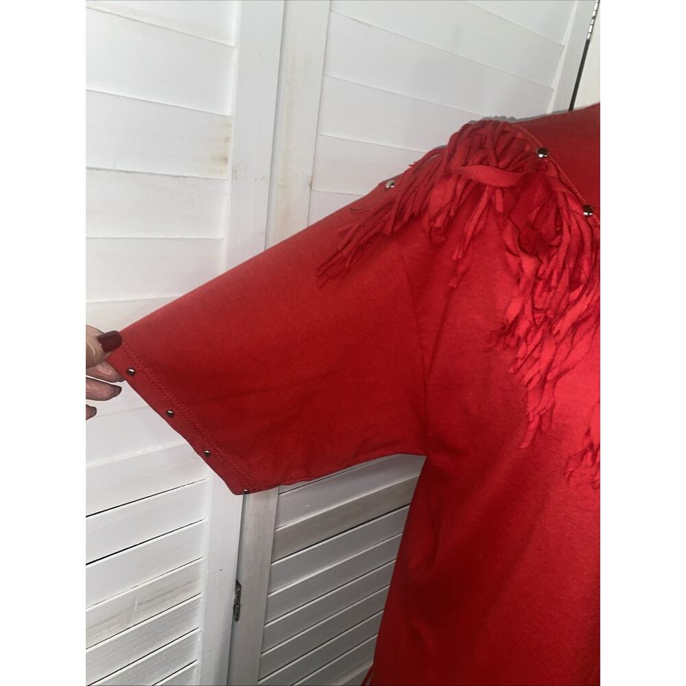Vintage 80s 90s Red Southwestern Rodeo Boho Fringe Studded Shirt Large Handmade - Picture 2 of 9